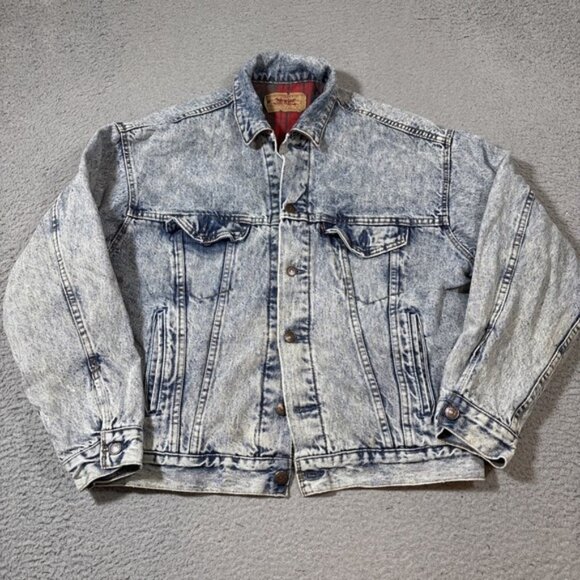 VTG 90s Levis Sz M Acid Wash Plaid Lined Denim Trucker Jean Jacket 70417-9319 - Picture 1 of 7